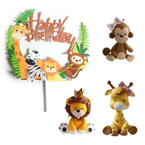 4Pcs Animal Cake Toppers - Safari & Jungle Cake Decorations with Giraffe, Monkey, Tiger for Birthday Parties