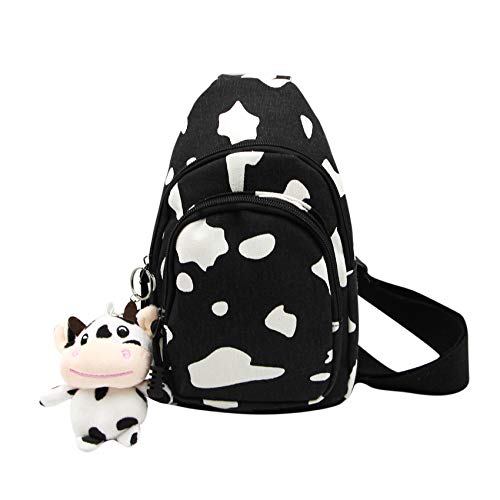 Unisex Canvas Daypack, Cartoon Printed Cows Chest Bag, Small Sling Bag with Hanging Pendant for Women Men, Black2