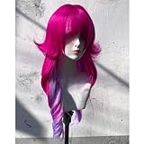 Long Wavy Jellyfish Wig Layered Upwarped Hair Highlight Split Dye Wig M-shaped Bangs Black White Red Purple Blue Grey Blonde Green Wig - Y2k Gothic&lolita Style Subculture Wig (Rose Red mixed purple)