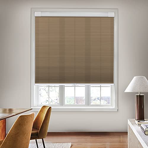 Pasoun Cordless Cellular Shades Light Filtering, Custom Cut To Size No Tools No Drill Cellular Blinds For Windows, Tools-Free Noise Cancelling Thermal Insulated Pleated Window Shade, Brown Blind #TOP1