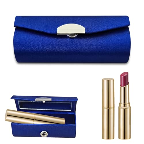 US Office Elements Elegant Dark Blue Satin Lipstick Case with Mirror Luxurious Soft Satin Lipstick Holder for Purse, Stylish Protection