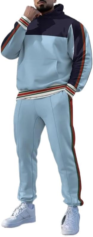Men's printed spliced long sleeved hooded sweatshirt and pants two-piece casual street fashion jogging set