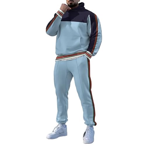 TOVPAO Men's printed spliced long sleeved hooded sweatshirt and pants two-piece casual street fashion jogging set (22,3X-Large)