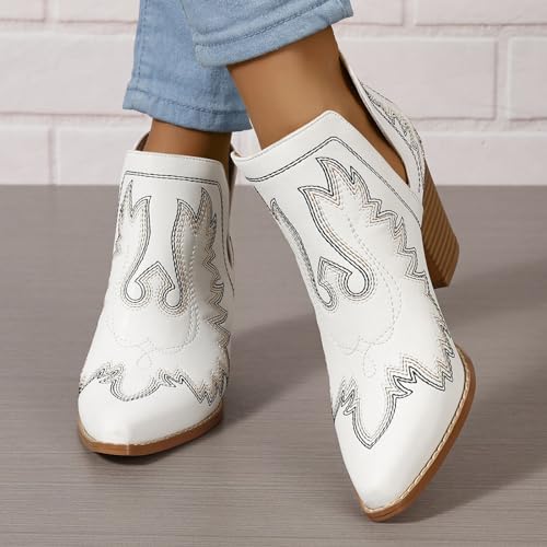 Image of SelRoys Cowboy Boots for Women Cowgirl Ankle Western Embroidered Stitched Pointed Toe Cutout Chunky Heels Short Booties Red Brown Black US5-11