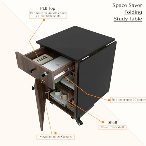 Image of Klaxon Foldable Study Table with Drawer & Storage Shelf | Compact Desk for Home & Students | Folding Design with Lockable Wheels. (Black, DIY Installation) (Aw & Black, Kora)