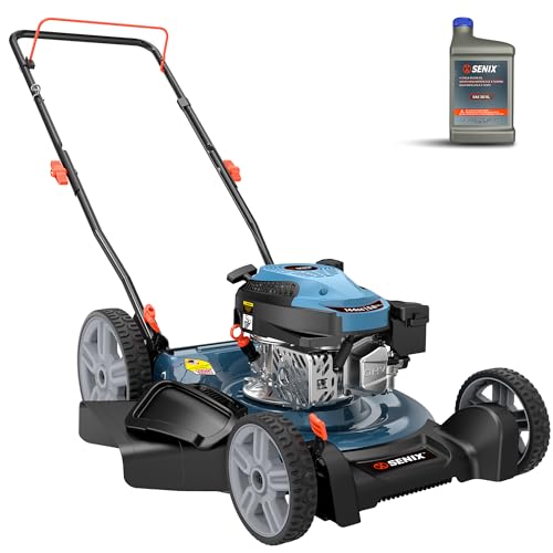 SENIX 21-Inch Gas Lawn Mower, 144cc 4-Cycle Engine, 2-in-1 Mulching & Side Discharge, 6-Position Height Adjustment, Push Walk-Behind Mower for Residential Yard & Garden 21Inch
