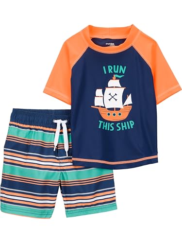 Simple Joys by Carter's Conjunto de bañador y camiseta Niño Pequeño, Azul Marino Naranja Naves/Blanco Rayas, 5 años