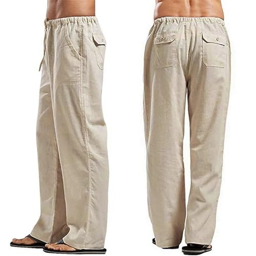 Men's Cotton Linen Straight Leg Cargo Pants Elastic Waist Streetwear Sweatpants3