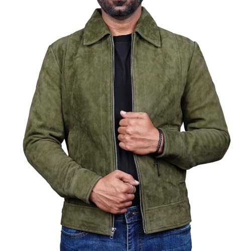Image of Mens Polo Collar Zipper Suede Shirts Long Sleeve Shacket Suede Trucker Jacket Real Suede Leather Shirt