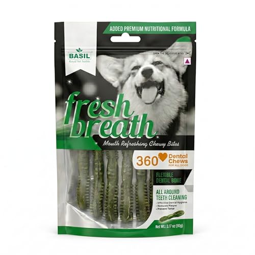 Image of Basil Fresh Breath Mouth Refreshing Chewy Bites 360 Dental Chews for All Dogs Flexible Dental Bone - 90 Grams