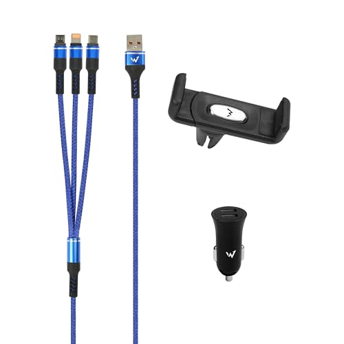 Energizer Kit Voiture 3-en-1 : Chargeur Allume-Cigare 12W Double USB + Support Téléphone Universel 360° + Câble Multi-Connecteurs (USB-C, Lightning,...