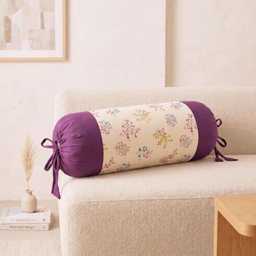 Image of SAJAVAT HOME Bolster Cover Pack of 2 | Printed Side Pillow Covers for Sofa, Bed & Diwan | 32x15 Inch Round Pillow Covers with Adjustable Ties (Purple Berry)