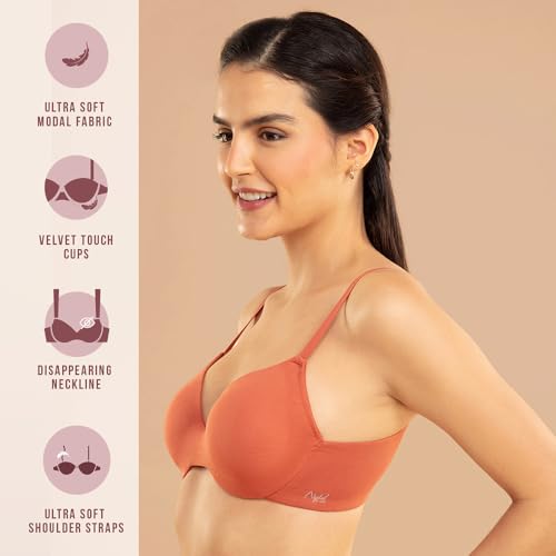 Image of NYKD NYB218 Modal Fabric Lightly Padded Wired T-Shirt Bra for Women Seamless Neckline Non Slip Shoulder Straps
