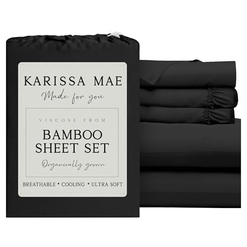 Image of KARISSA MAE Luxury Bamboo Viscose Split King Size Sheet Set, FSC Certified | Includes 2 Twin XL Fitted Sheets | Sleep Number & Adjustable Bed | Cooling | 18 inch Deep Pocket w / Corner Straps [Black]