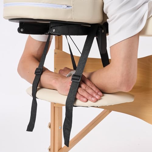 YOUNIKE Massageliege 2-Zonen klappbar Tragbare Massagebank Höhenverstellbarer Massagetisch mit Kopfstütze mit Holzfüßen und Zubehör Tragetasche Mobile Massagebett Creme