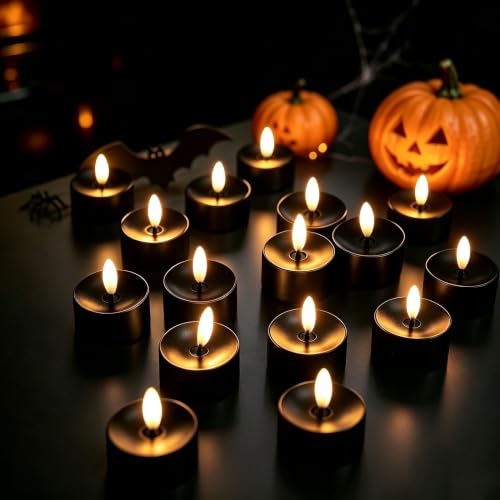 Image of QIDEA Halloween LED Black Tea Lights for Pumpkin Christmas Decor 12 Sets
