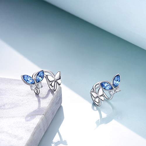Aoboco Butterfly Cuff Earrings Sterling Silver Ear Cuffs For Non Pierced Ears With Blue Crystals, Hypoallergenic Butterfly Jewelry Gift For Women Girls #TOP3