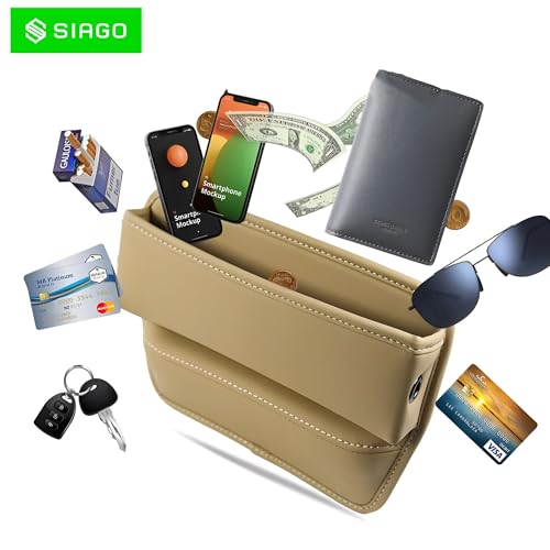 Image of SIAGO Car Seat Gap Filler Organizer | Premium PU Leather Storage Box for Phone | Car Accessories for Keys, Cards & Coins | Universal Fit for Cars, SUVs & Trucks (Beige) (SIA133)