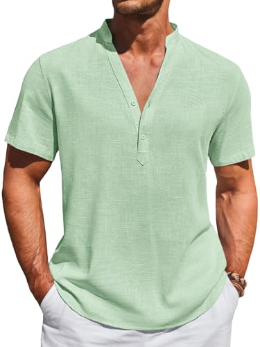 Runcati Mens Casual Henley Shirts Linen Short Sleeve V Neck Band Collar Shirt Beach Summer Hippie Lightweight Tops Mint