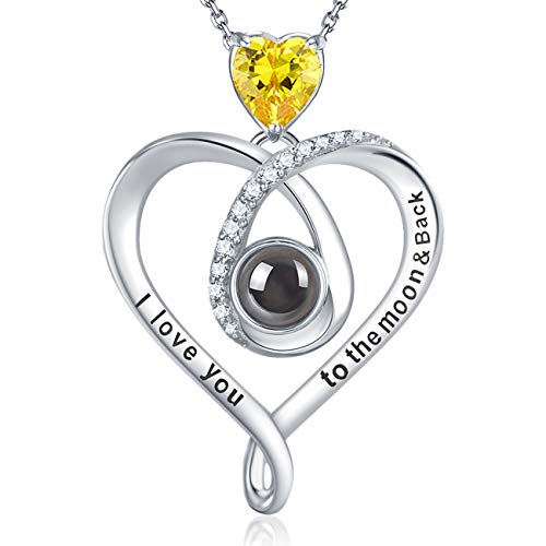 GinoMay I Love You Necklace 100 Languages Women Citrine Necklace November Birthday Gifts Mum Wife 925 Sterling Silver Jewellery