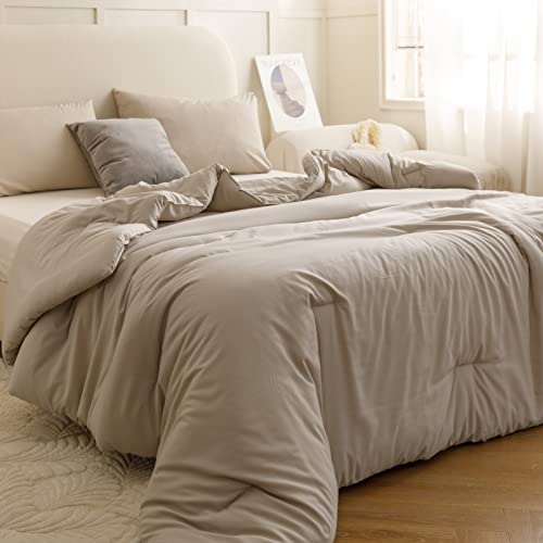 Image of ROSGONIA Oversized Queen Comforter Oatmeal, 3pcs (1 Comforter & 2 Pillowcases) Lightweight Oversized Queen Comforter Sets Bedding Blanket Quilts