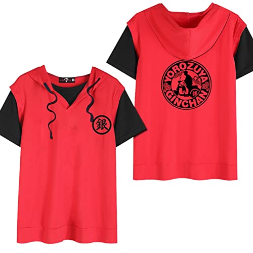 銀魂 tシャツ 半袖 メンズ 綿 春夏 万事屋 銀ちゃん アニメ プリント 五分袖 男性 パーカー 帽子あり 赤/ホワイト/黒 おしゃれ 重ね着風 通気 カジュアル ゆったり 大きいサイズ ファッション 学生 青少年 ティシャツ 日常服 部屋着 04レッド/2XL