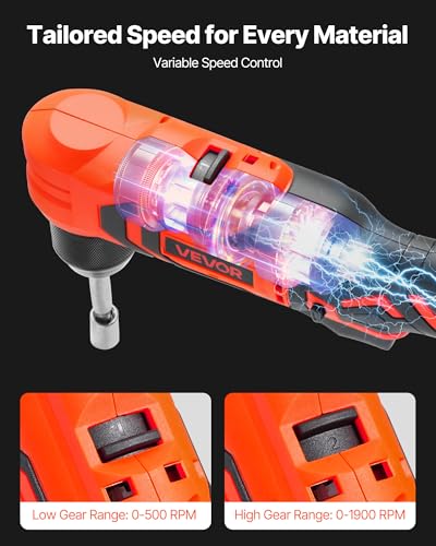 VEVOR Right Angle Drill, 3/8 Inch Chuck, 90 Degree Cordless Right Angle Drill with Brushless Motor, Battery, Charger, and Belt Clip, Adjustable Speed, for Fastening and Loosening in Tight Spaces thumbnail 3