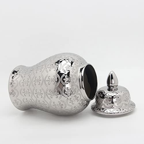 Robmet Silver Ginger Jars With Lid, Handcrafted And Hand Painted Decorative Ceramic Jar Vase For Home Decor，Carved Patterned Temple Jar (Size : Large) #TOP4