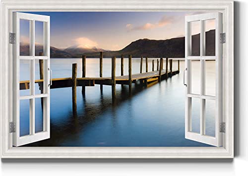 Renditions Gallery Home Wall Art Scenic Window View of Evening at Ocean Dock & Mointain Wall Hanging Pictures for Living Room Office Decorations - 8"X12" LT04