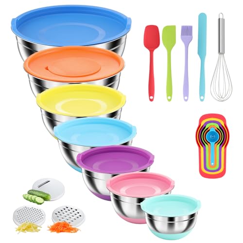 Pleafind 7-Pcs Mixing Bowl Set, Stainless Steel Mixing Bowls with Lids, 3 Grater Attachments, Nesting Salad Bowls with Non-Slip Bottoms, Sizes 4.5, 4, 3.5, 2.1, 1.5, 1.1, 0.7 Qt for Serving