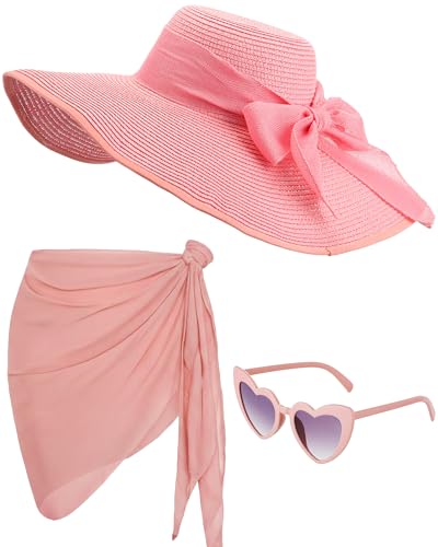 Funnysoft 3 Pcs Summer Beach Set for Women Wide Brim Straw Sun Hat Swimsuit Coverup Sarong Heart Sunglasses(Pink)