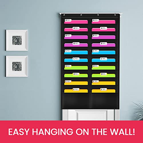 Image of Folder Pocket Chart (Black), Cascading Wall Organizer for School, Classroom, Home or Office Use, 20 Pocket Chart Hanging Wall Organizer with 4 Hangers