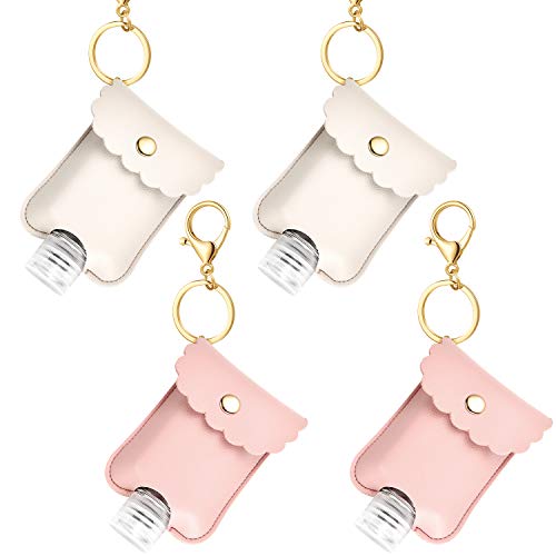 8 Pieces Travel Bottles Keychain Holder Bags Set, 4 Pieces 60 ml Clear Refillable Plastic Bottles for Soap Lotion Liquids 4 Pieces Key Chain Holders Beige Pink Keychain Bags for Home Traveling Use