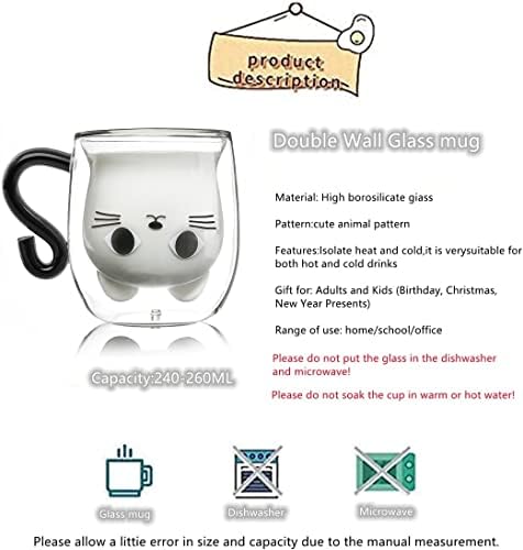 Qinhai Cat Mugs, Double Wall Glass Tea Cup, Cute Coffee Mug, Valentine's Mother's Day Easter Halloween Christmas Gifts for Women Wife Mum Her Grandma Girl Teacher Friend, Birthday Present Idea (Black)