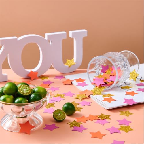 Image of MOWO Hot Pink Orange and Gold Star Confetti Table Decoration, 1.2'', 200pc | Baby Shower Birthday Wedding Graduation Fall Autumn Groovy Theme Party, 1.2 inch in Diameter, 200 Counts