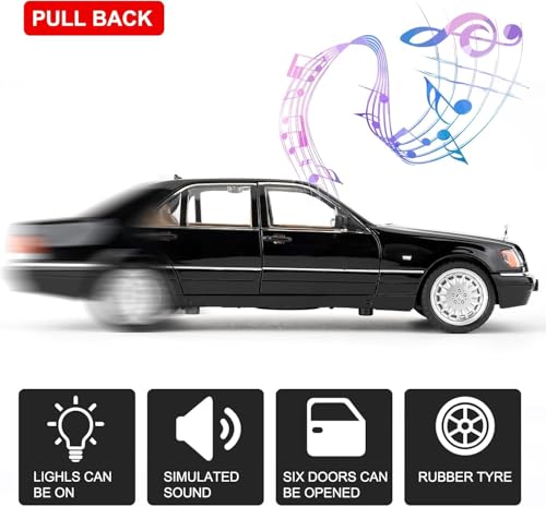 Image of 1:24 Benz W140 S320 Model Car, Diecast Collectible Pull Back Toy Car, Retro Classic Car with Sound and Light for Adults, Kids, Boys (Black)