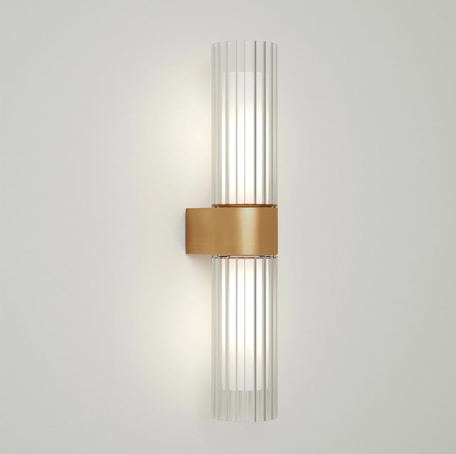 Pebble Grey Aulos Double Wall Light 50 x 282 x 71mm Brass Finish - Bathroom Fixtures, Glass Lampshade, Bathroom Wall Lights, Hallway Decor with Mirror-Ready Design for Modern Interiors