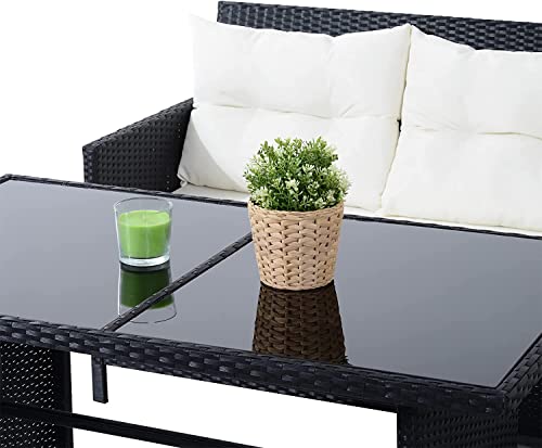 Image of DEVOKO 5 Piece Conversational Wicker Sofa Dining Table Set, Outdoor Patio Furniture Set for Garden, Lawn, Balcony (Black and White)
