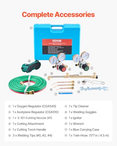 Image of VEVOR Oxygen Acetylene Torch Kit, Gas Welding Cutting Torch Kit, 14PCS Portable Oxy Acetylene Brazing Set with 177'' Long Twin-Hose, Cutting Nozzle, 3 Welding Tips & Carry Case (without Gas Cylinder)