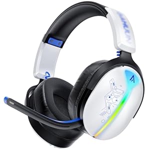 Buwnia Gaming Headset Wireless, Headset mit Mikrofon für ps5 ps4, PC, Switch, Bluetooth 5.3, 7.1 Surround Sound, Extrem niedrige Latenz(<25ms), 40 Stunden, RGB Lichter, Weiß