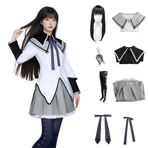 Juejuezi Women Madoka Magica Cosplay Uniform Dress Homuras Akemi Outfit Magi Costume Pleated Skirt with Socks Halloween (Grey-A, XL)