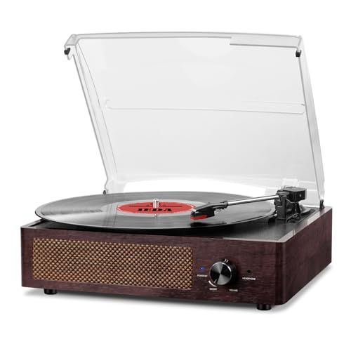 Vinyl Plattenspieler, Bluetooth tragbaren Vinyl Plattenspieler Schallplattenspieler mit 3-Gang 33/45/78 U/min und Eingebauter 2 Stereo Lautsprechern- natürliches Holz