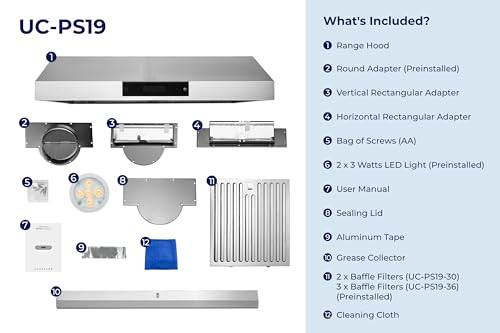 Image of Hauslane PS19 Under Cabinet Range Hood 36 inch with Auto-Pilot Technology, Ducted Stainless Steel Kitchen Hood 860 CFM Dual Motor, Fully Automatic, Quiet Performance, Lifetime Motor Warranty
