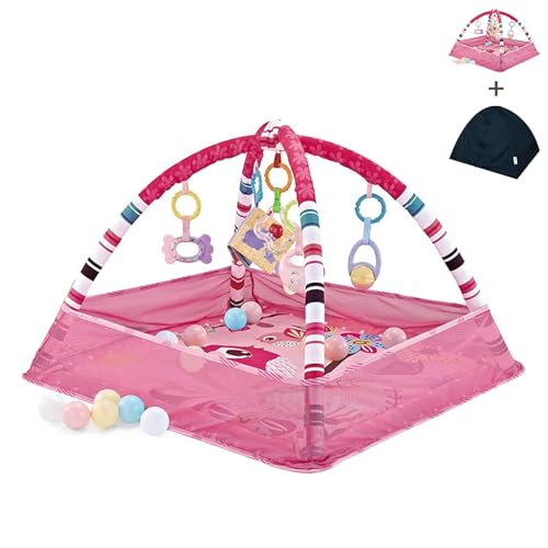 Image of Dormlony Baby Play mat Activity Gym&Ball Pit Included 18 Balls with Breathable Baby Netting Shade Canopy,Tummy Time Play Mat for Babies 0-12 Months,Pink.