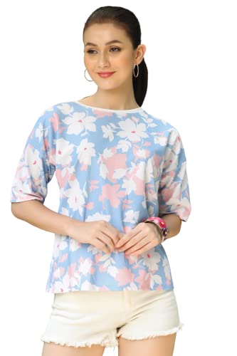Image of Leriya Fashion Women Floral Print Top with Half Sleeves for Office Wear, Casual Wear Western Top Short Sleeve Pajama Sleep Nightshirt Scoopneck Casual Loungewear Top
