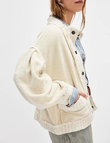 Cardigan Jacket for Women Loose Fit Ribbed Knit Trim Casual Jacket Shacket with Pockets3