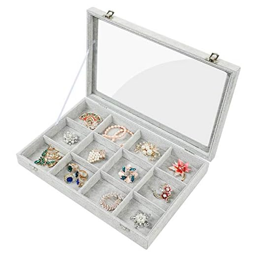 STYLIFING Ice Velvet Clear Lid 12 Grid Jewelry Tray Showcase Removable Display Lockable Storage Box Gifts for Girls Women