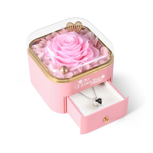 Mikasol Geconserveerde roos & hartvormige ketting met sieradendoosje - geconserveerde roos, ideaal romantisch cadeau voor vrouwen, jubileum, Valentijnsdag, roze, 12,4 x 11,4 cm x 11,4 cm
