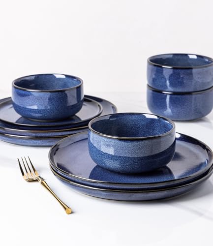 Image of TheTerra Ceramic Dinnerware Sets for 4, 12 Pieces Handmade Reactive Glaze Plates and Bowls Set, Scratch Resistant Dish Set, Oven & Microwave & Dishwasher Safe, Blue