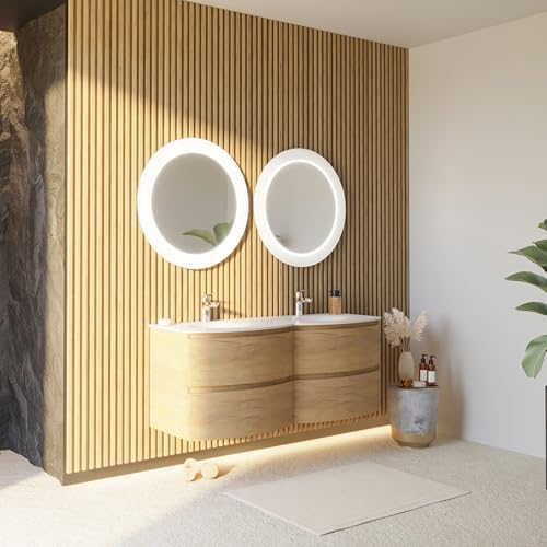Kiamami Valentina - Meuble de Salle de Bains Suspendu 140 cm en chêne avec Double Vasque en résine et Miroir | Los Angeles